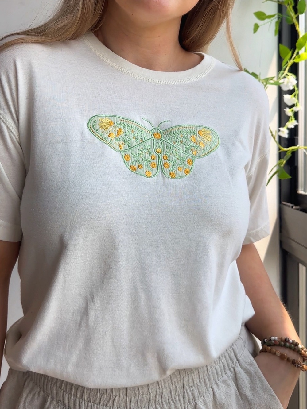 Upcycled Floral Moth Applique Embroidered Cream Women's Boxy Fit Tee